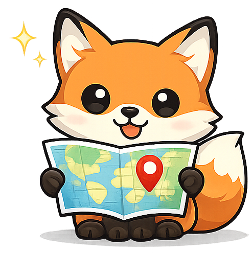 地図を持ったキツネのマスコット — サスマップくん